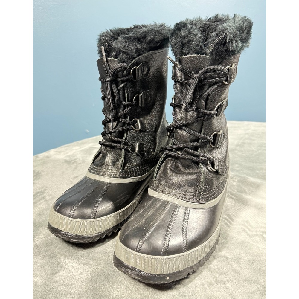 Sorel Caribou Boots Women's 9 Black Leather Fur Lined Winter Snow Duck